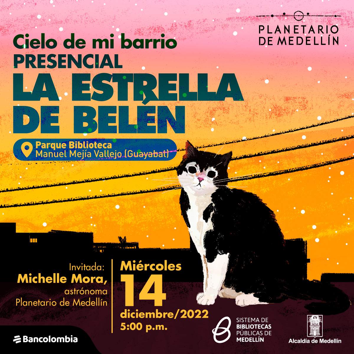 Ilustración. En la parte inferior de la imagen un gato blanco y negro sentado de medio perfil, al fondo la silueta de una ciudad y un atardecer. En la parte izquierda de la imagen texto que dice: "Cielo de mi barrio. Presencial. La estrella de Belén. Parque Biblioteca Manuel Mejía Vallejo (Guayabal). Invitada: Michelle Mora, astrónoma Planetario de Medellín. Miércoles 14 de diciembre de 2022 a las 5 de la tarde".