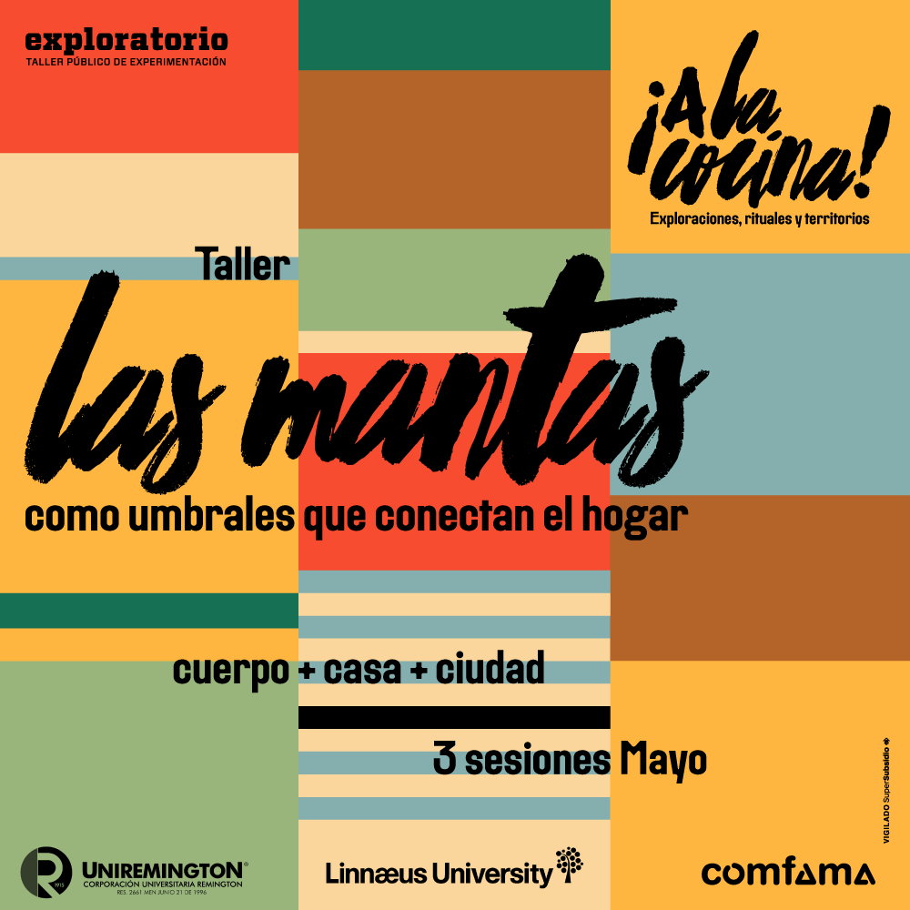 Ilustración. Sobre un fondo con tramas de líneas de diferentes tamaños, texto que dice: "Taller. Las mantas como umbrales que conectan el hogar. Cuerpo + casa + ciudad. 3 sesiones mayo".