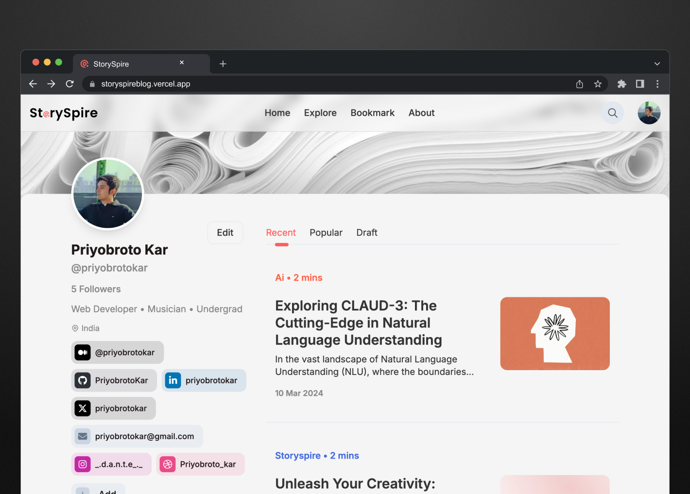 User profile page with recent, popular and draft tabs