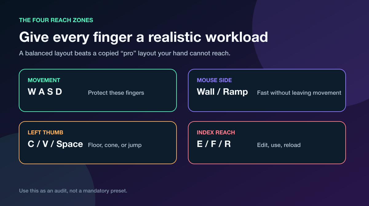 Four reach zones for balancing Fortnite keybinds across movement, mouse, thumb, and index fingers