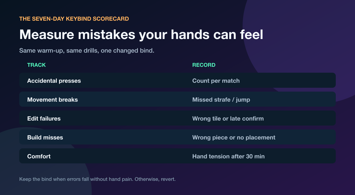 Seven-day scorecard for testing Fortnite keyboard settings and keybind mistakes