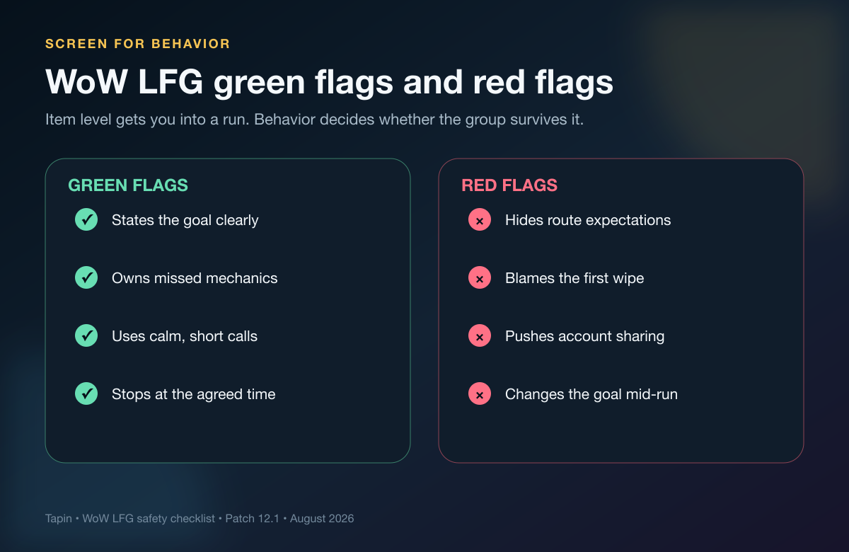 Green flags and red flags when screening WoW LFG teammates