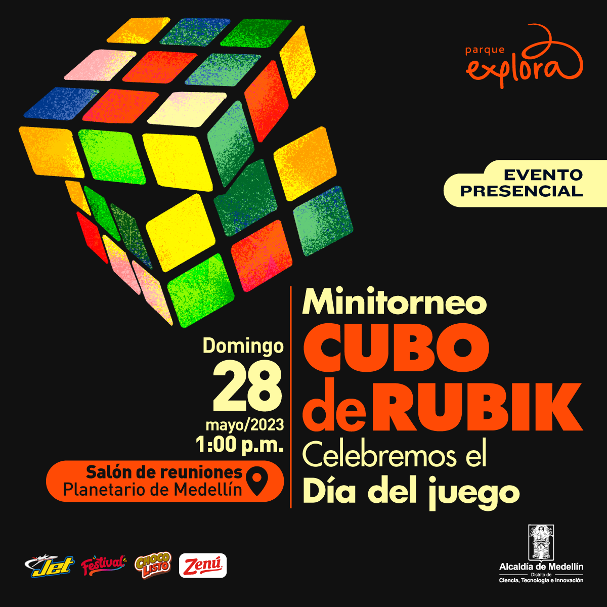 Ilustración. A la izquierda, un cubo rubik o rompecabezas tridimensional cúbico. Un texto dice: "Celebremos el día del juego Minitorneo de cubo de Rubik. Club de Cubo de Rubik Explora Salón de reuniones Planetario, entrada libre. Domingo 28 1:00 p.m.".