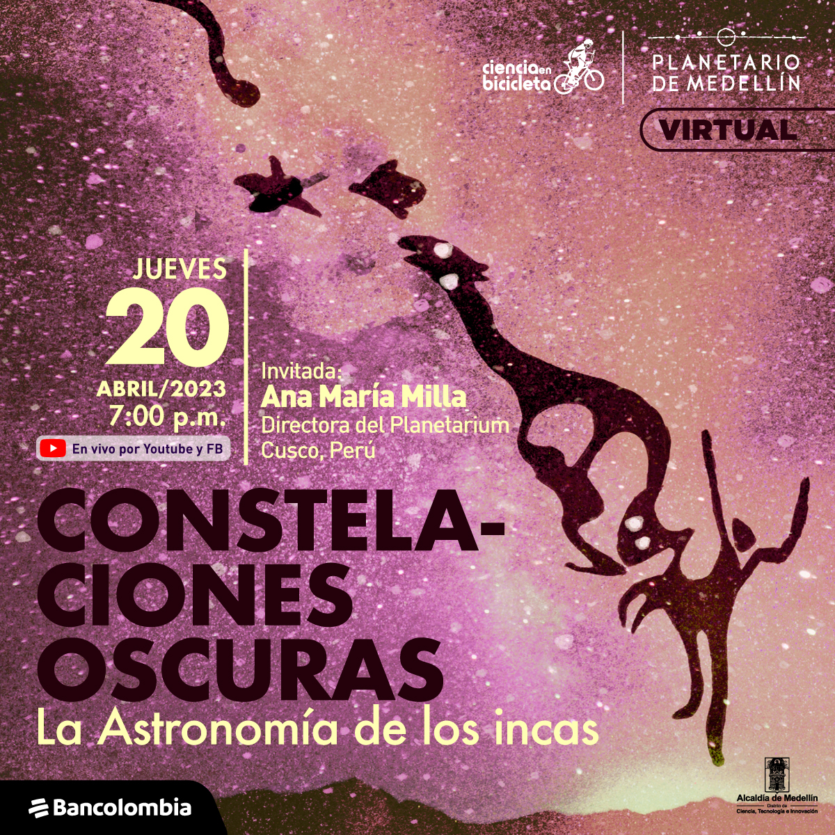 Ilustración. Sobre un fondo estrellado, atravesado por la Vía Láctea, un manchón más claro en el cielo, aparecen unas formas de color negro. En la parte inferior derecha de la imagen texto que dice: "Jueves 20 de abril de 2023 a las 7 de la noche en vivo por YouTube y Facebook. Invitada: Ana María Milla, directora del Planetarium Cusco, Perú. Constelaciones oscuras, la Astronomía de los incas. Virtual".