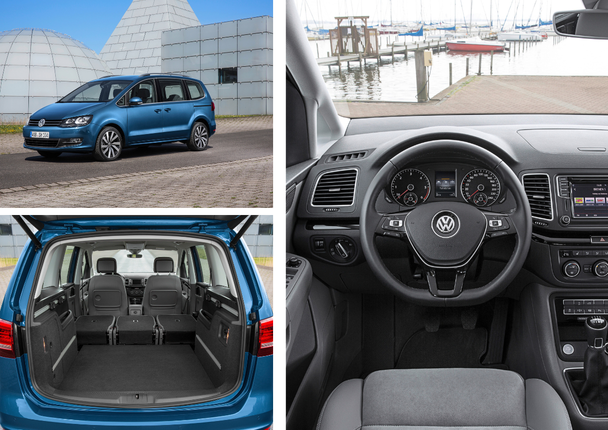 Das Interior und Exterior eines VW Sharan.