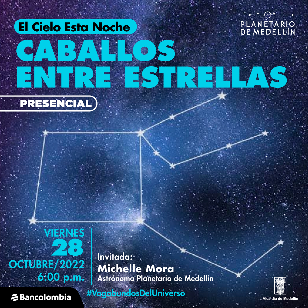 Ilustración. En el centro de la imagen asterismo de la constelación del Pegaso unida por una línea blanca. Arriba texto que dice: "El cielo esta noche. Caballos entre estrellas. Presencial". Abajo texto que dice: "Viernes 28 de octubre de 2022 a las 6 de la tarde. Invitada: Michelle Mora, astrónoma Planetario de Medellín. #VagabundosDelUniverso".