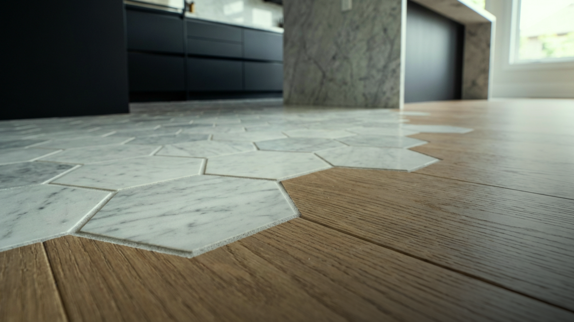 Transição de piso hexagonal para piso de madeira em cozinha integrada