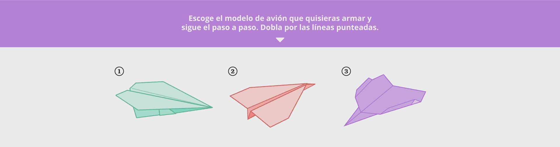 Comparación de diferentes modelos de aviones de papel: dardo para distancia, planeador para tiempo de vuelo y acrobático para maniobras