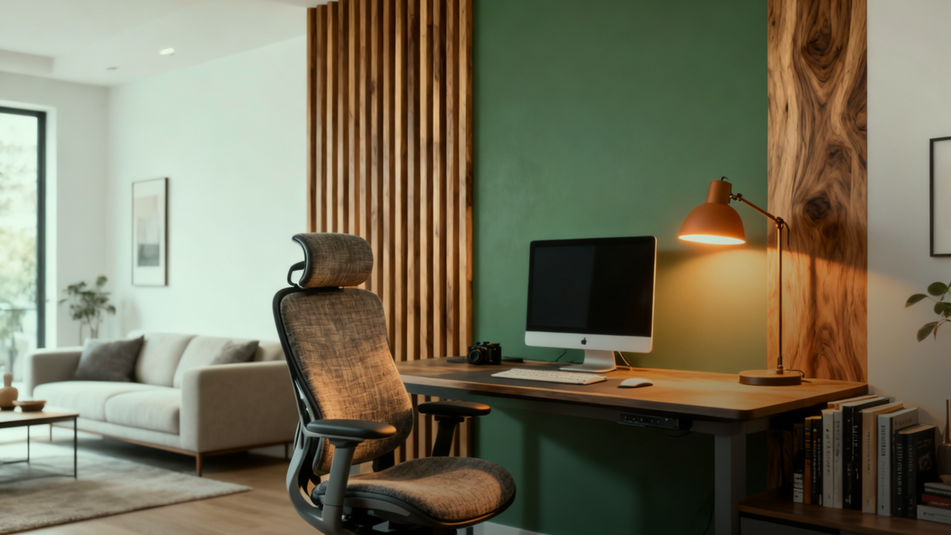 Home office integrado com pintura setorizada na parede