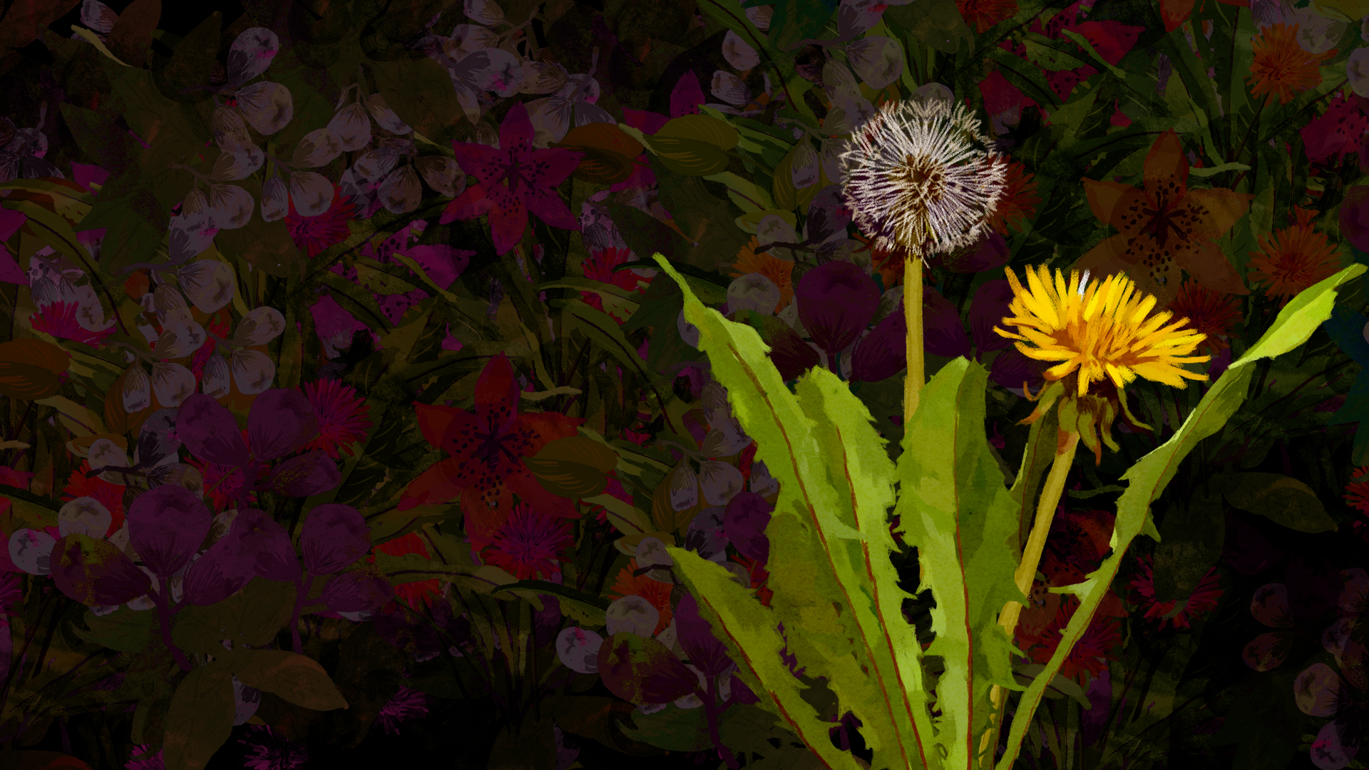 Ilustración. Un fondo de hojas verdes y una abundancia de flores en varios tonos de rojo, morado, rosa y naranja, cubriendo toda la imagen con un tono opaco en la parte superior, sobresale la imagen de una Diente de León.