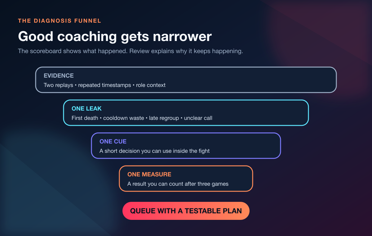 Marvel Rivals coaching diagnosis funnel from replay evidence to one measurable fix