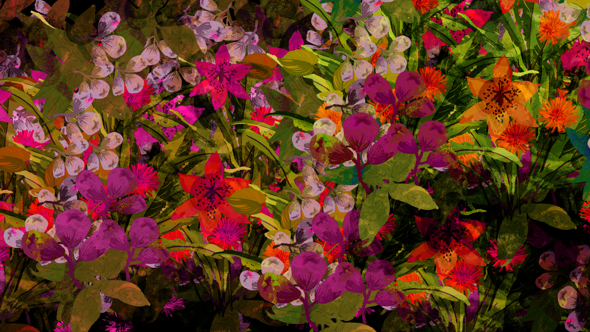 Ilustración. Un fondo de hojas verdes y una abundancia de flores en varios tonos de rojo, morado, rosa y naranja, cubriendo toda la imagen.