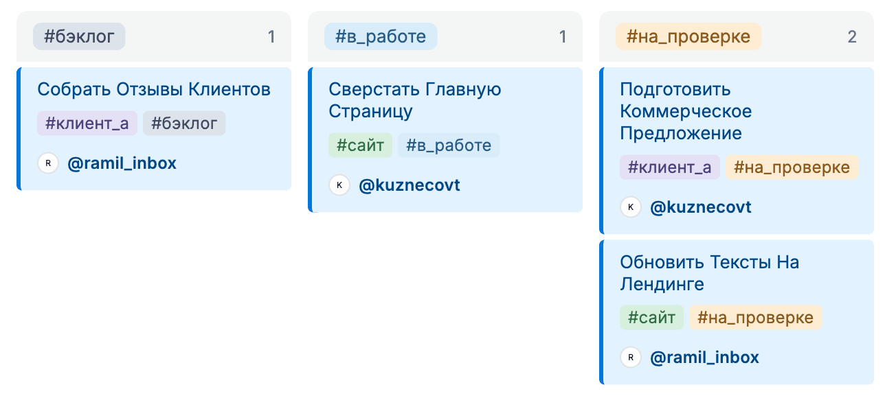 Доска OK, Bob! с колонками из тегов-статусов