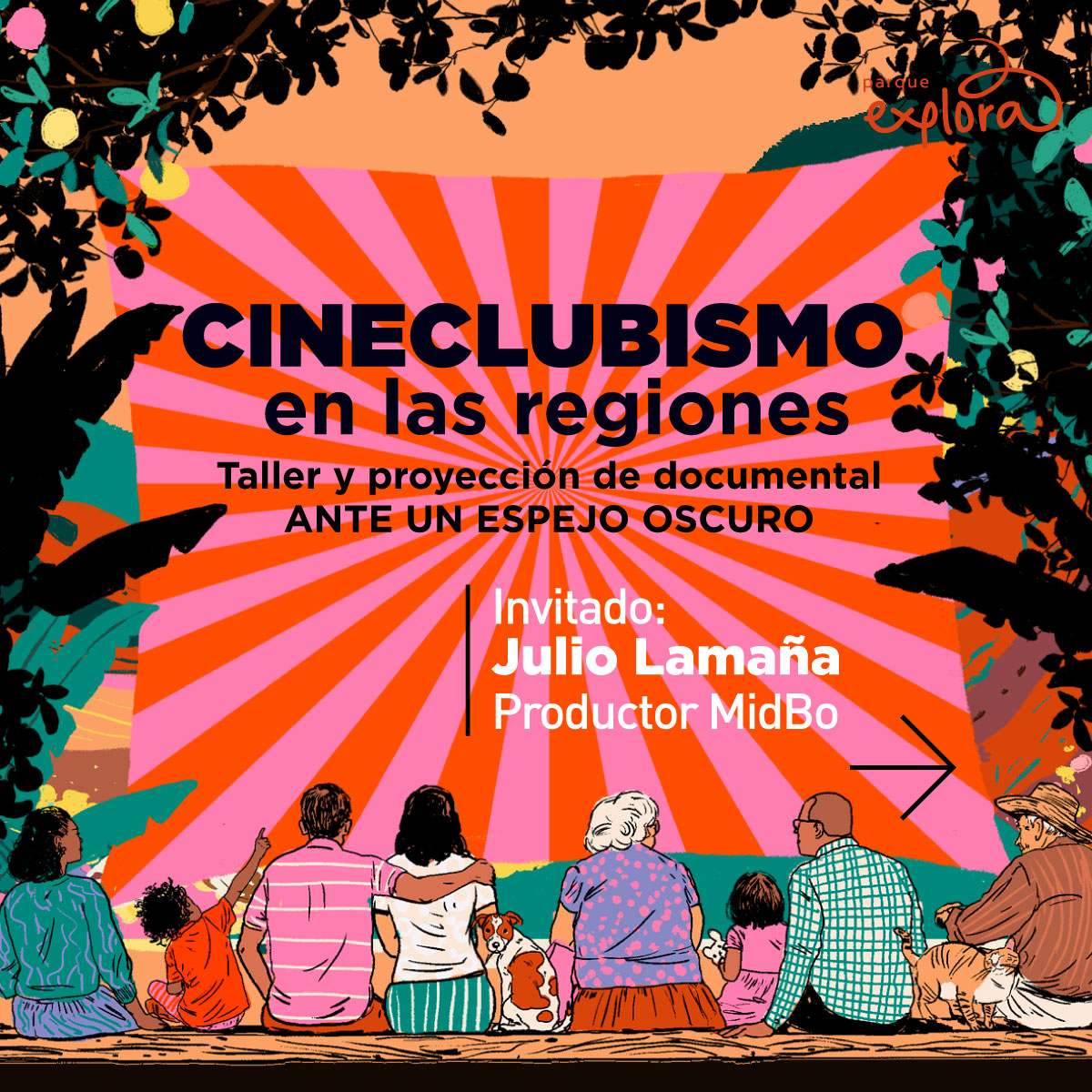 Ilustración. De espaldas, ocho personas, un perro y un gato. Parecen mirar un telón sostenido entre árboles frutales. En el centro de la imagen, un texto dice: “Cineclubismo en las regiones. Taller y proyección de documental: Ante un espejo oscuro”. Debajo un texto dice: “Invitado: Julio Lamaña, productor Midbo”.