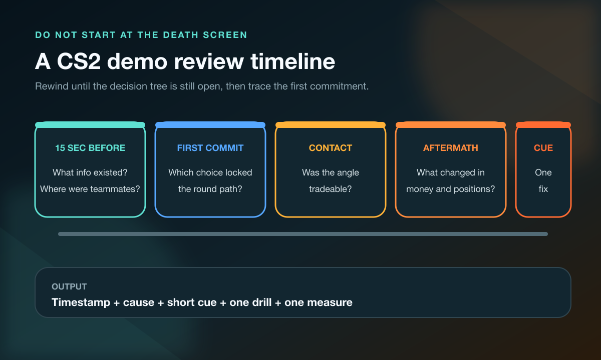 CS2 demo review timeline from pre-contact information through first commitment, contact, aftermath, and a coaching cue
