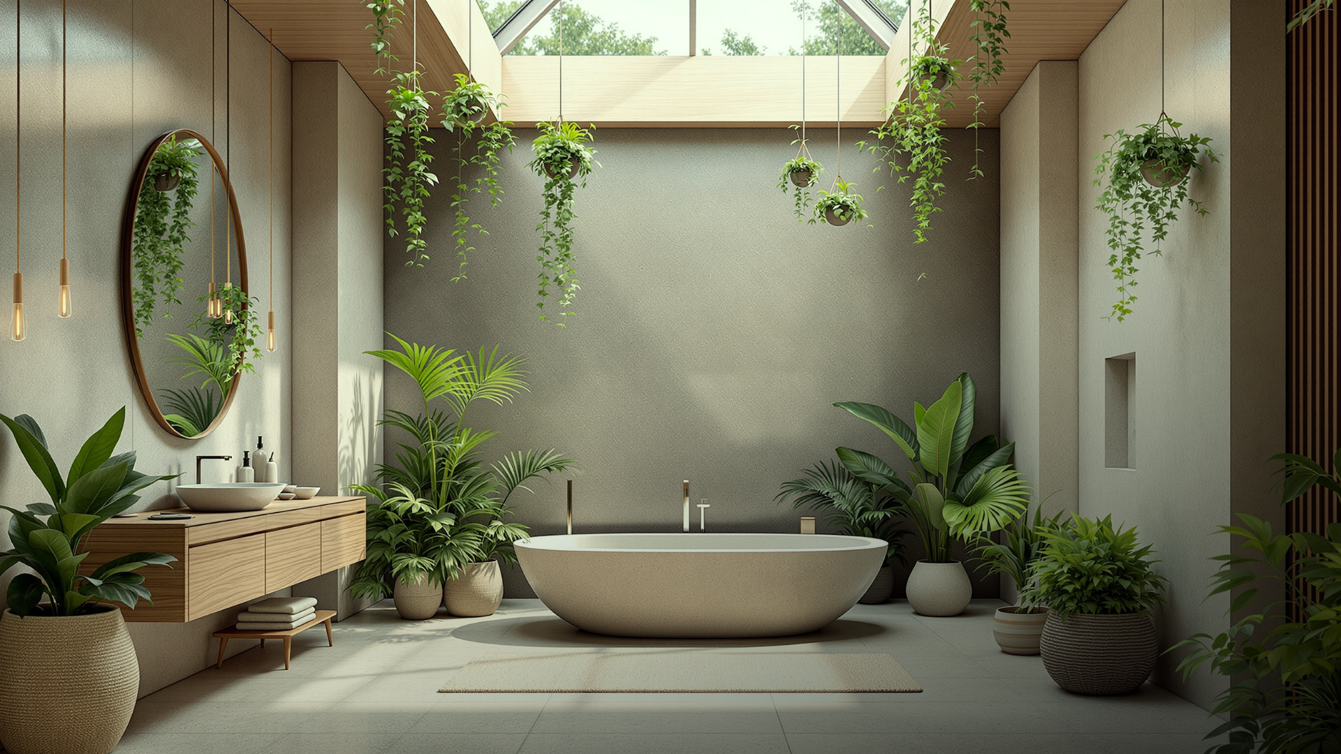 Banheiro estilo spa com muitas plantas e iluminação natural