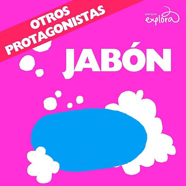 Ilustración. En el centro de la imagen una figura ovalada de color azul rodeada por pequeñas figuras en forma de nube color blanco. En la parte superior texto que dice: "Otros protagonistas. Jabón".