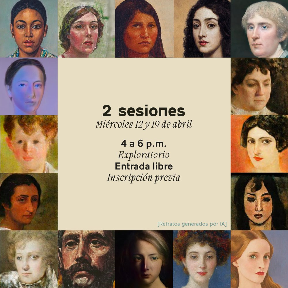 Ilustración. 45 retratos ilustrados en primer plano de distintas personas, entre mujeres, hombres y niños. En el centro de la imagen texto que dice: "2 sesiones miércoles 12 y 19 de abril. 4 a 6 de la tarde. Exploratorio. Entrada libre con inscripción previa".
