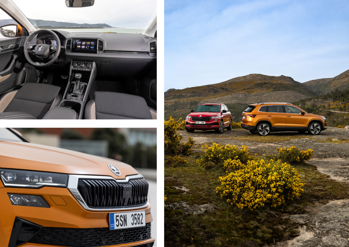 Das Interior und Exterior eines Škoda Karoq.
