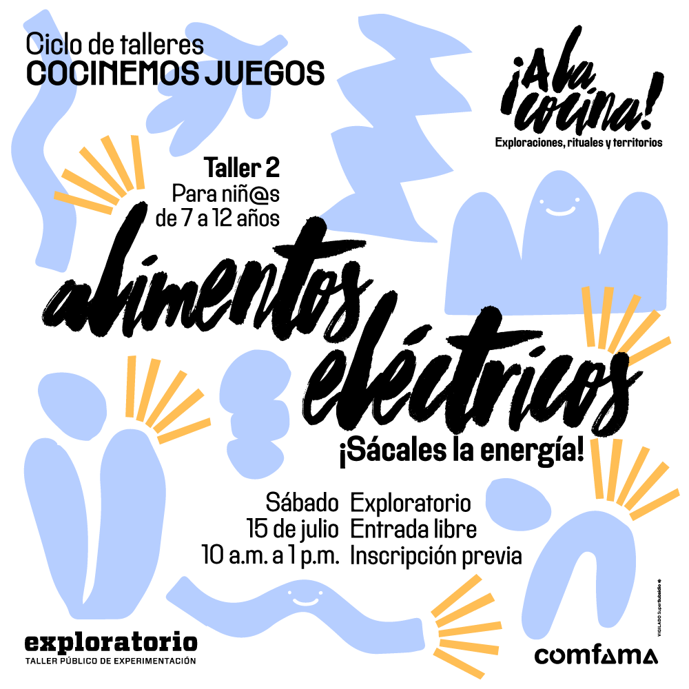 Ilustración. A lo largo de todo el lienzo hay figuras abstractas hechas con trazos gruesos, entre las que se distingue un árbol o una planta silueteado. Texto que dice: "Ciclo de talleres Recetas para jugar. Para niñ@s de 7 a 12 años. Taller 2. Alimentos eléctricos ¡Sácales la energía! Sábado 15 de julio. 10 de la mañana a 1 de la tarde. Exploratorio. Entrada libre con inscripción previa".