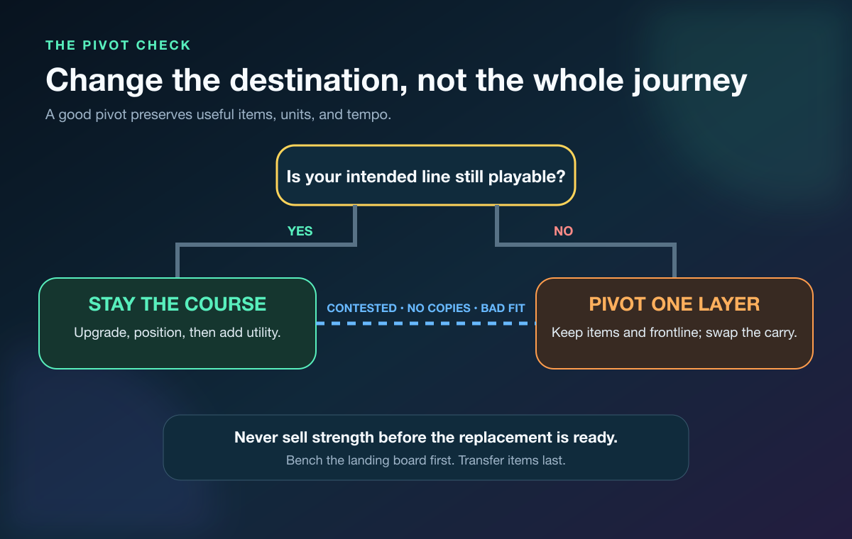 TFT beginner comp pivot map for staying, changing the carry, or changing the frontline