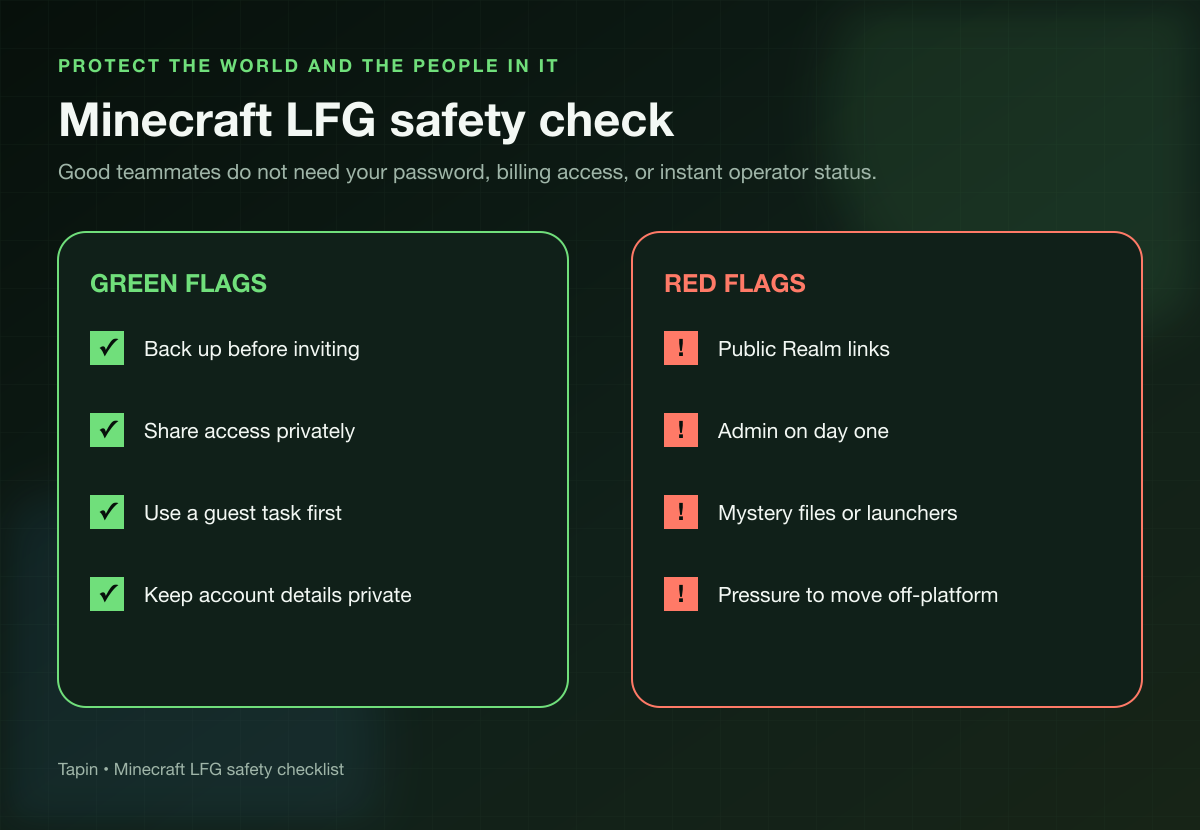 Minecraft LFG safety checklist with world backups, private access, guest tasks, and red flags