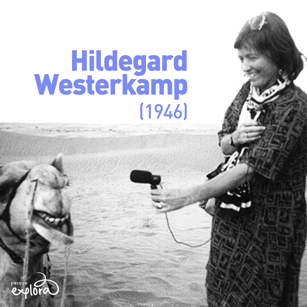 4. Foto. En la parte derecha de la imagen, la compositora Hildegard Westerkamp de cuerpo completo a blanco y negro. Está sonriendo, tiene cabello corto. Con su mano izquierda, que tiene extendida, sostiene un micrófono que acerca al rostro de un camello que está al frente suyo. En la parte superior de la imagen texto que dice: “Hildegard Westerkamp, 1946”.