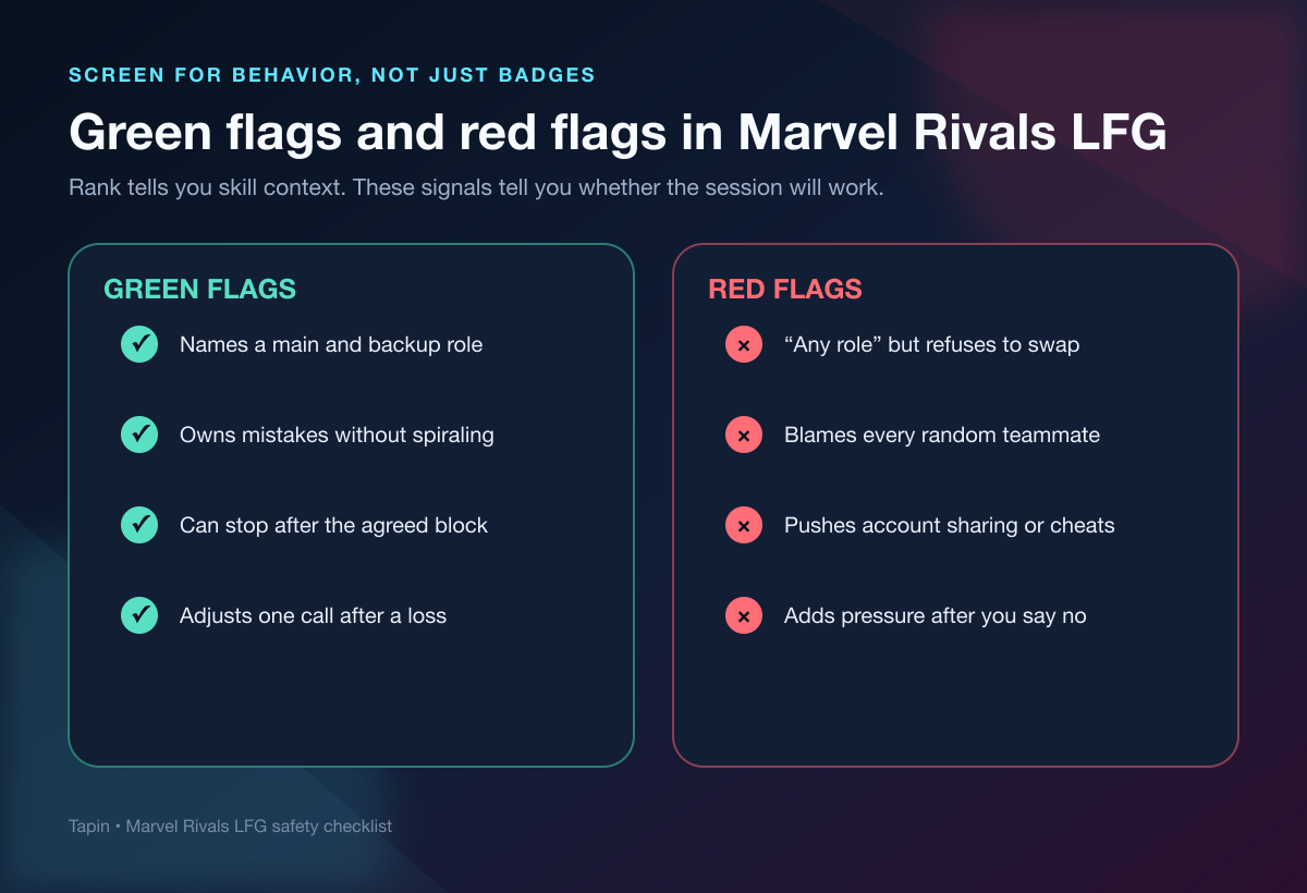Green flags and red flags for screening Marvel Rivals LFG teammates