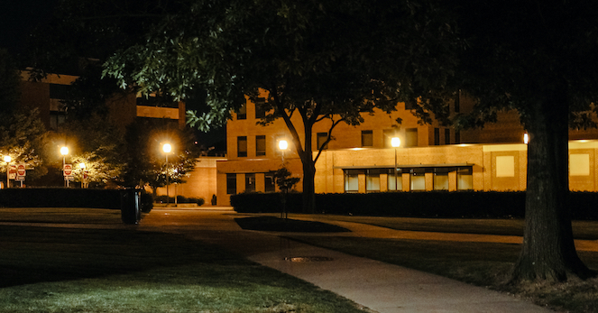 College campus at night