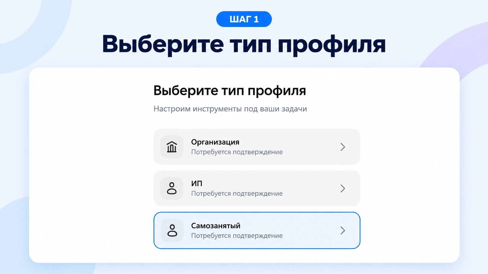 Выбор типа профиля MAX: организация, ИП или самозанятый