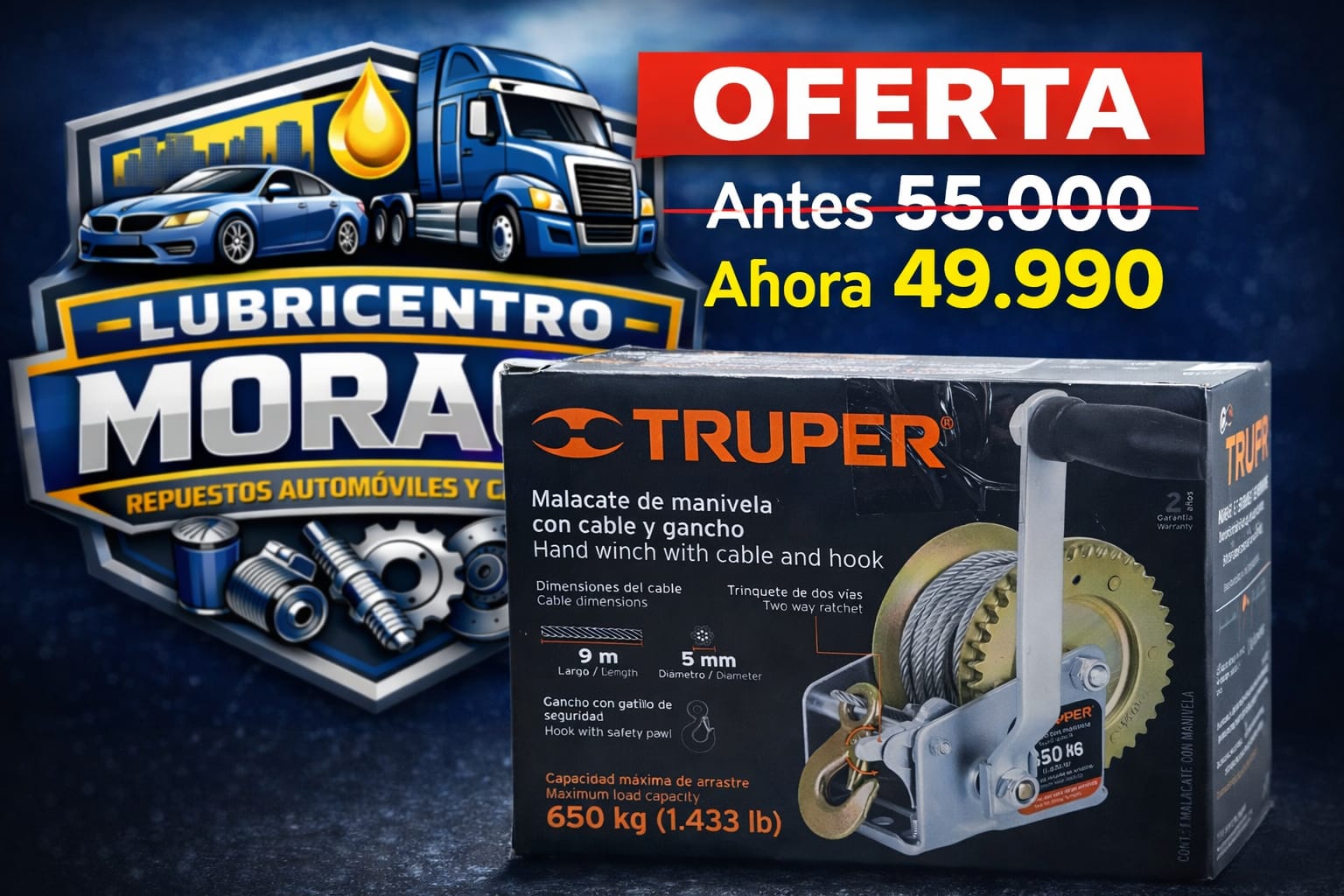 TRUPER MALACATE DE MANIVELA CON CABLE Y GANCHO