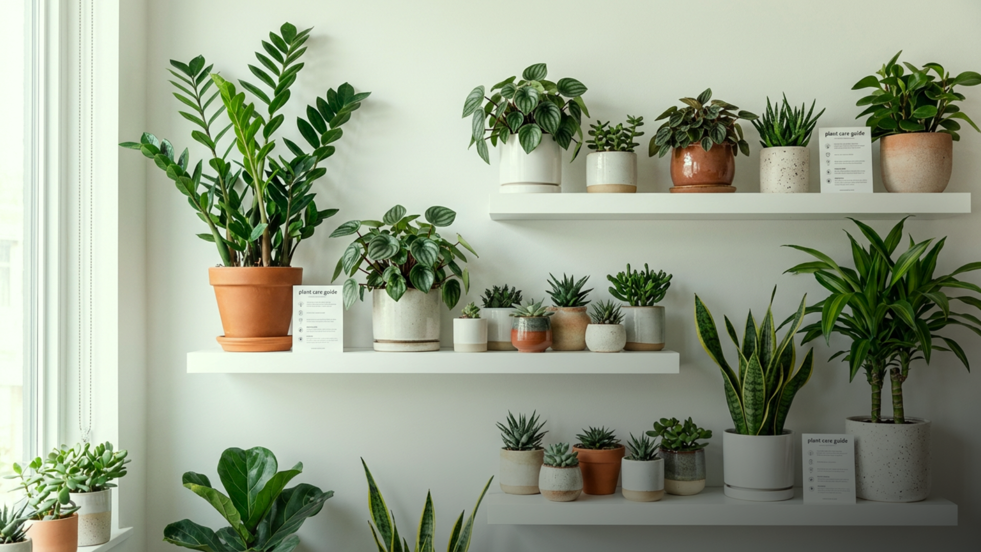 Coleção de cactos variados em prateleira