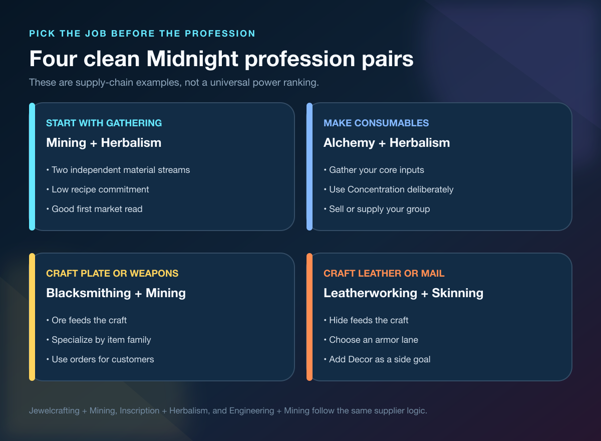 WoW professions guide pair picker for gathering consumables plate weapons leather and mail
