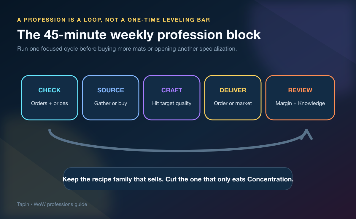 Weekly WoW profession loop from market check through sourcing crafting delivery and review