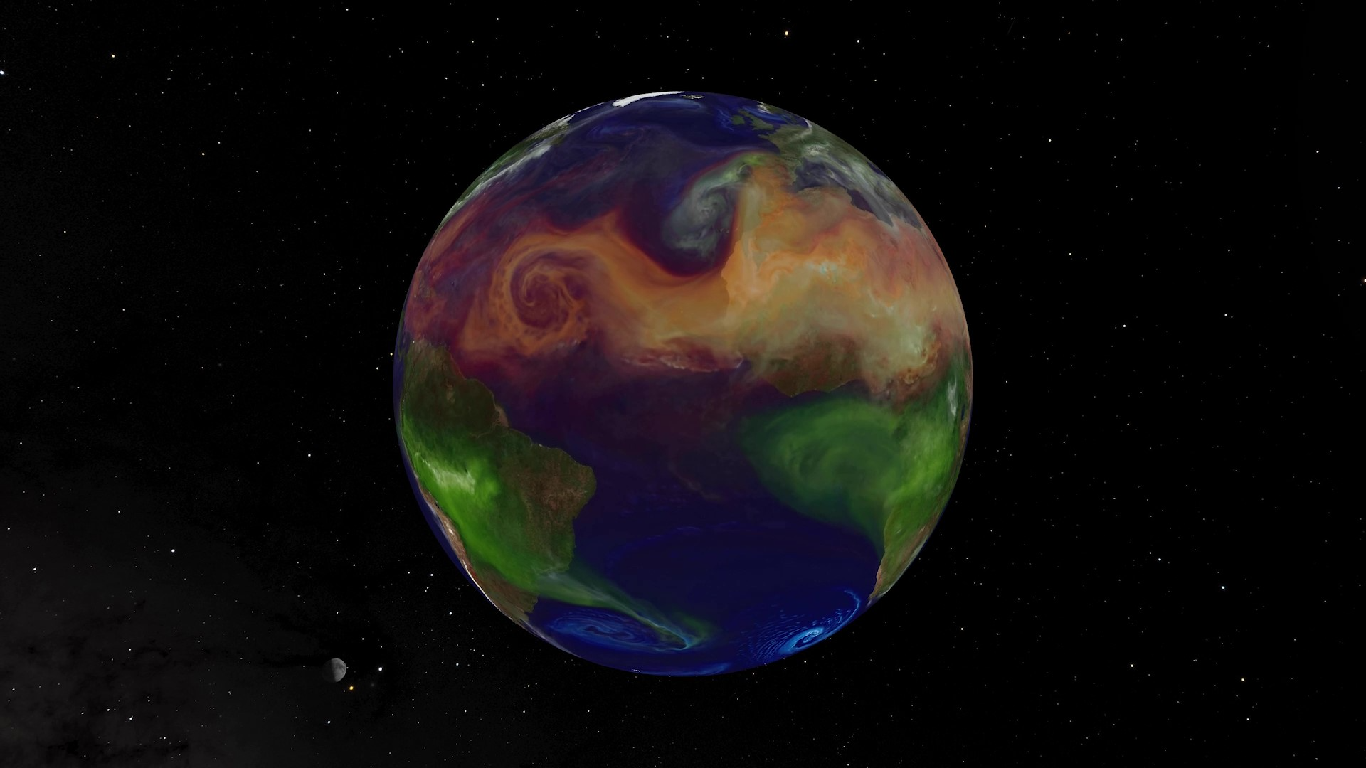 Ilustración. La esfera terrestre flotando en el espacio, con el fondo negro y algunas estrellas. En la Tierra se ven los continentes verdes y el océano azul, y una nube café claro va desde el extremo derecho hasta el izquierdo