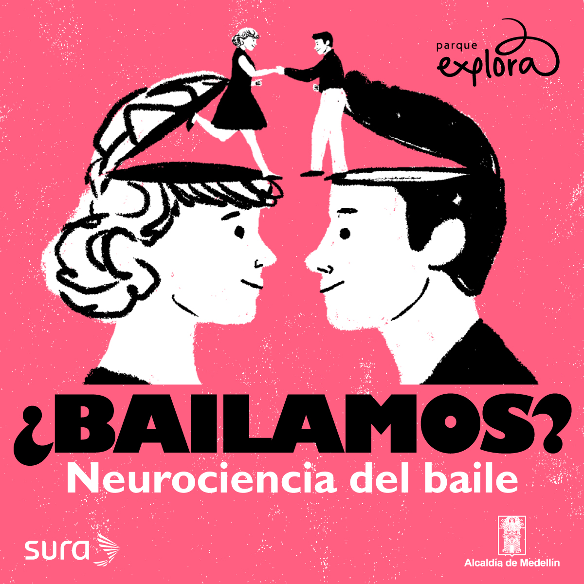 Ilustración. En el centro, aparecen de perfil y en primer plano una mujer y un hombre que se miran de frente. De sus cabezas, que están abiertas, sale una figura miniatura y de cuerpo completo de cada uno. Las figuras bailan. Abajo un texto dice: "¿Bailamos? Neurociencias del baile".