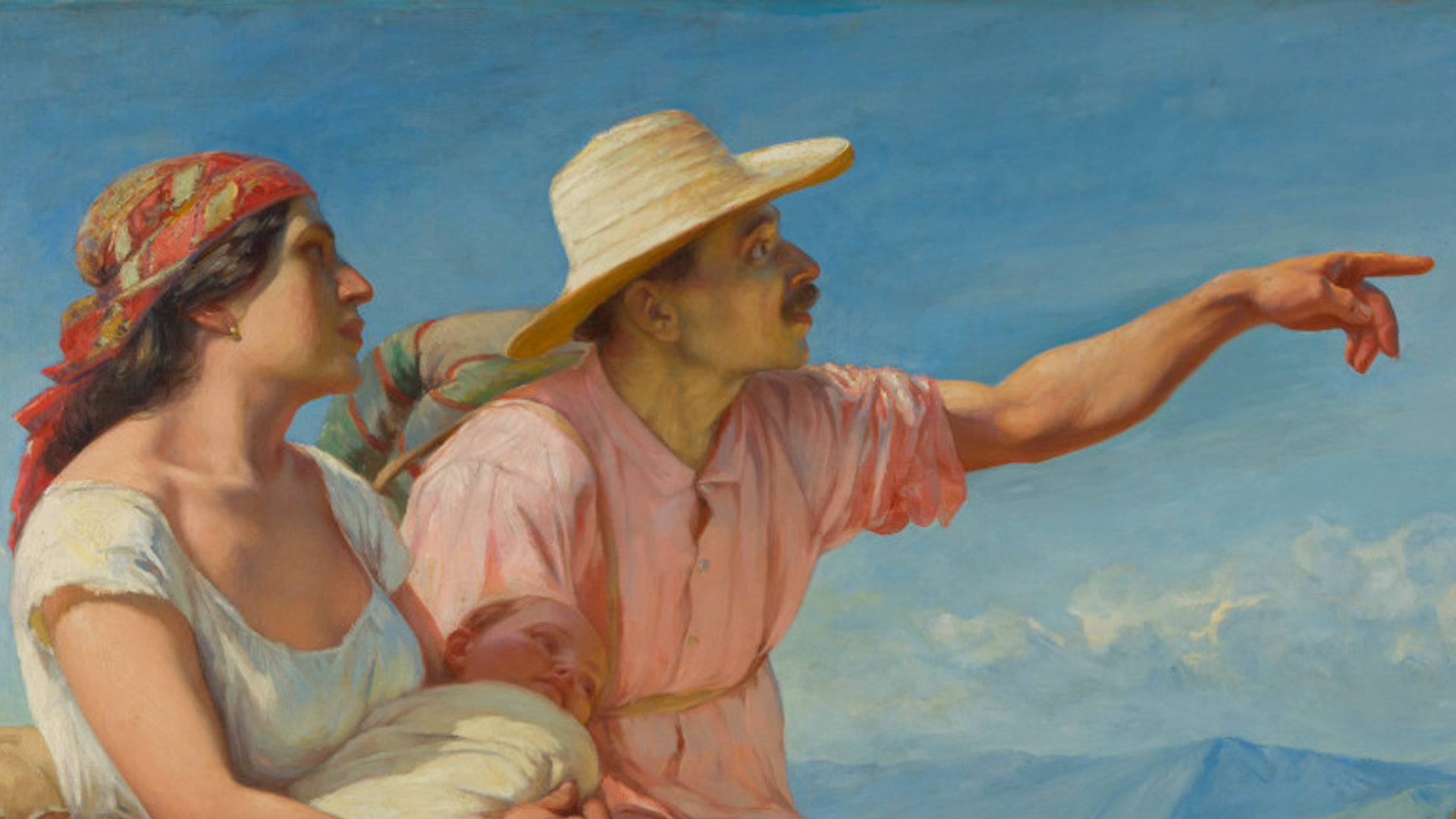 Ilustración. Dos personas, un hombre y una mujer, mirando hacia el horizonte. La mujer sostiene a un bebé en sus brazos mientras el hombre señala hacia adelante con la mano izquierda. La mujer lleva una pañoleta sobre su cabeza y el hombre un sombrero.