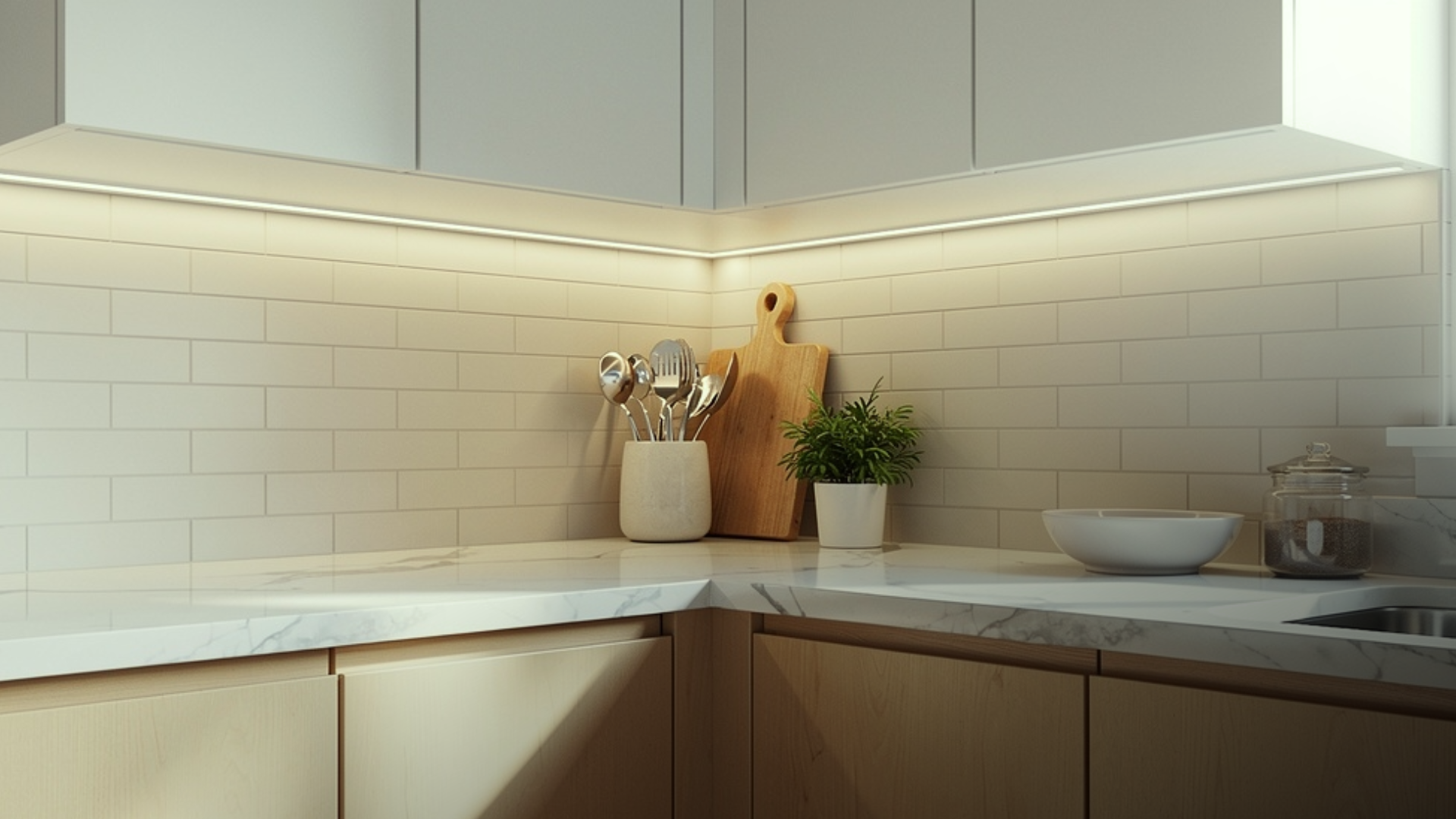 Detalhe de cozinha planejada pequena com armários brancos, madeira clara e bancada em quartzo com iluminação de LED.