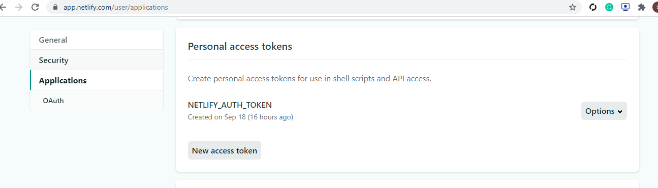 Getting started with Netlify, first we must grab our Personal Access Token