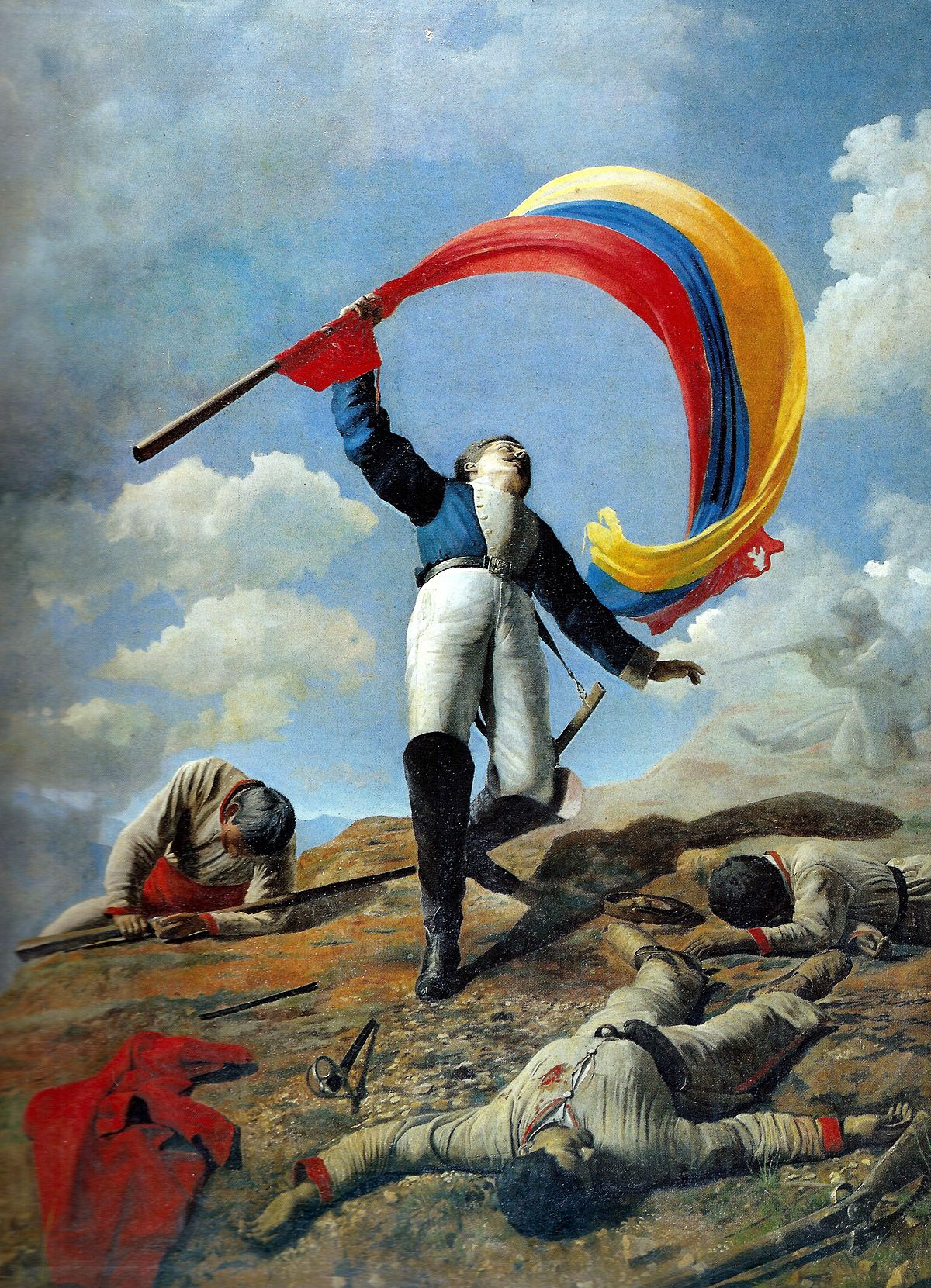 Ilustración. Hombre de pie hondeado la bandera de Colombia con un traje de época puesto, a su alrededor hay personas tiradas en el piso cubiertas de sangre.