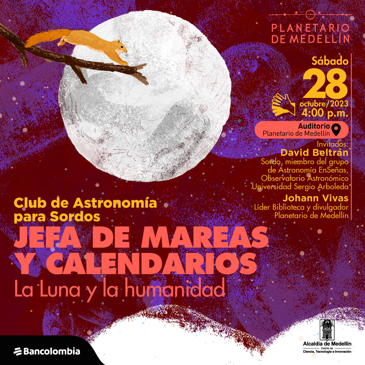 Ilustración. Una ardilla roja camina por una rama, detrás de ella se ve la luna llena con un fondo oscuro y algunas estrellas. Abajo un texto: "Jefa de mareas y calendarios. La Luna y la humanidad. Invitados: David Beltrán. Sordo, miembro del grupo de Astronomía EnSeñas, Observatorio Astronómico Universidad Sergio Arboleda. Johann Vivas, líder Biblioteca planetario, divulgador.   Entrada libre. Auditorio Planetario".