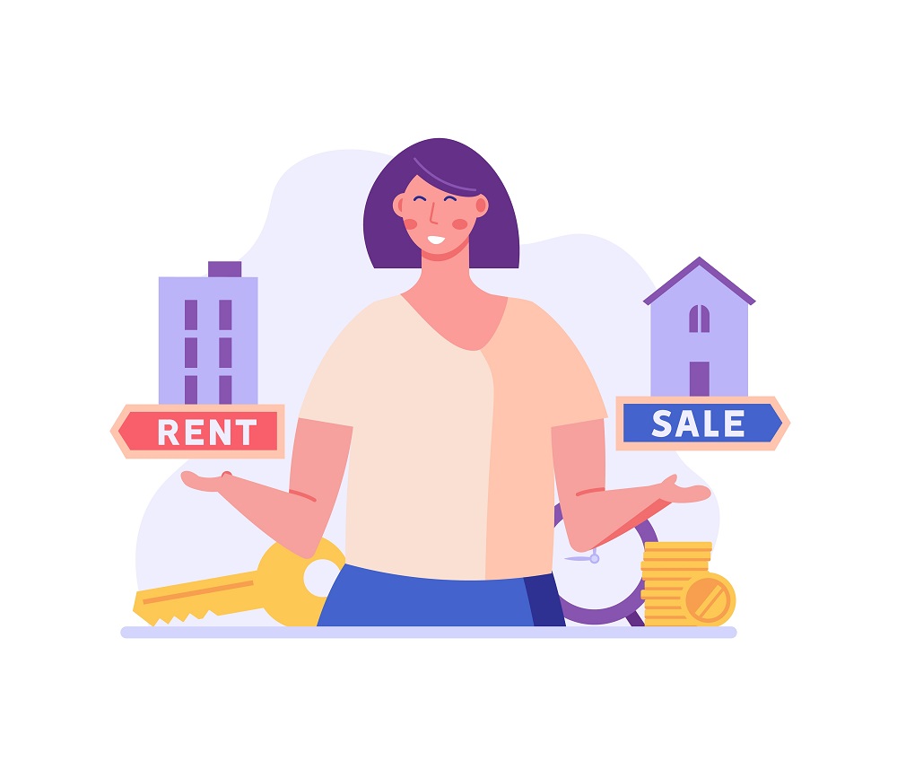 woman holding two houses