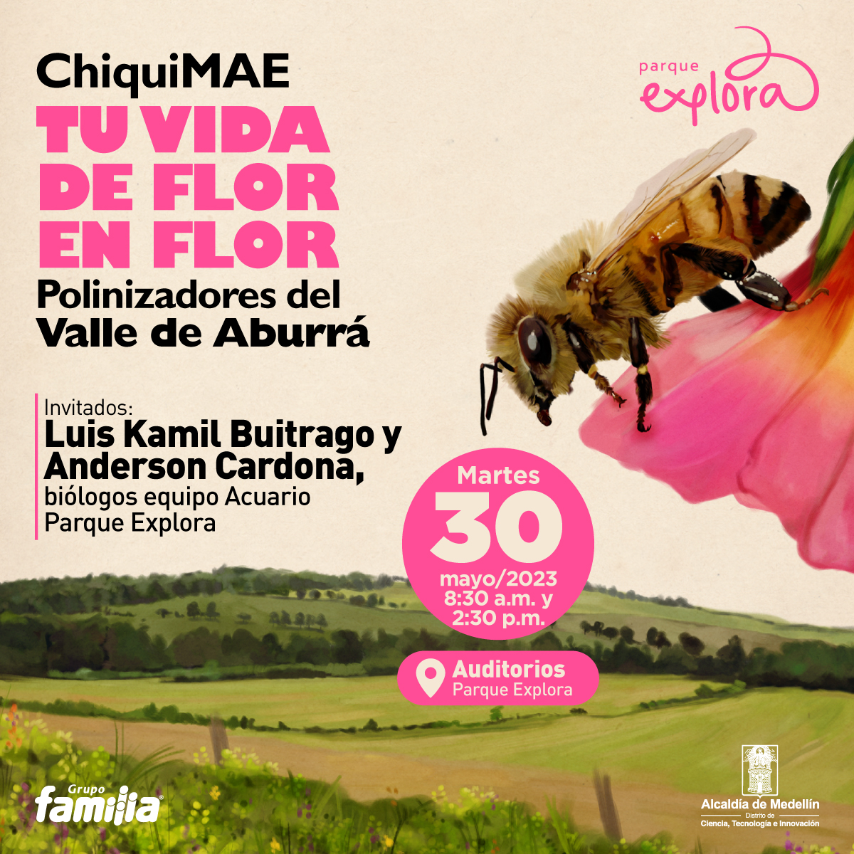 Ilustración. A la derecha, una abeja de perfil y cuerpo completo. Arriba un texto dice: "Chiquimae. Tu vida de flor en flor. Polinizadores del Valle de Aburrá". Debajo un texto dice: "Invitados: Luis Kamil Buitrago y Anderson Cardona, biólogos equipo Acuario Parque Explora". En un círculo, otro texto dice: "Martes 30 de mayo de 2023 a las 8:30 de la mañana y 2:30 de la tarde. Auditorios Parque Explora".