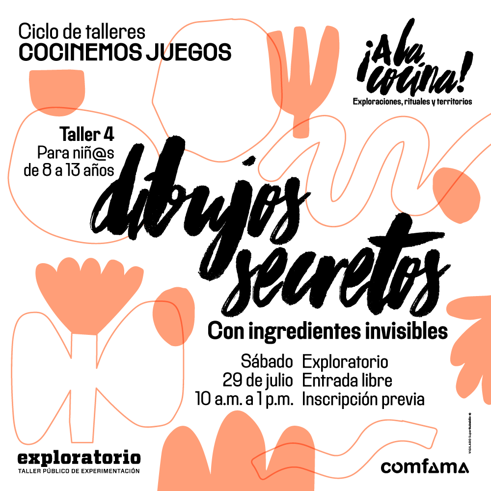 Ilustración. A lo largo de todo el lienzo hay figuras abstractas, hechas con trazos gruesos, entre las que se distinguen flores y cactus. Texto que dice: "Ciclo de talleres Recetas para jugar. Para niñ@s de 8 a 13 años. Taller 4. Inventemos dibujos secretos. Con ingredientes invisibles. Sábado 29 de julio. 10 de la mañana a 1 de la tarde. Exploratorio. Entrada libre con inscripción previa".